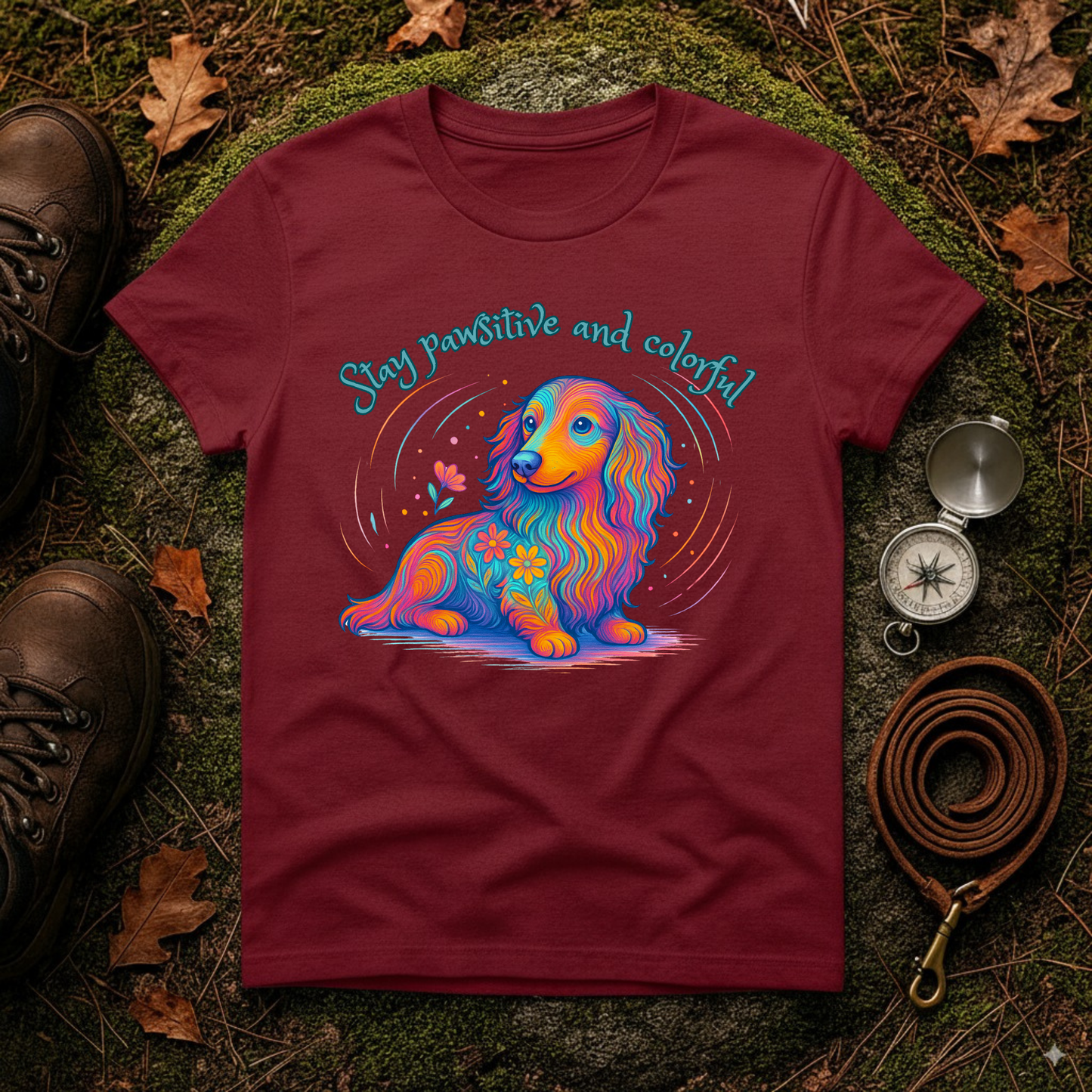 Colorful Dachshund Shirt – Stay Pawsitive Dog Tee