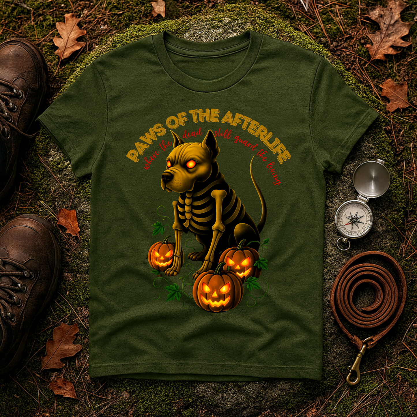 Paws of the Afterlife Pitbull Skeleton Halloween T-Shirt