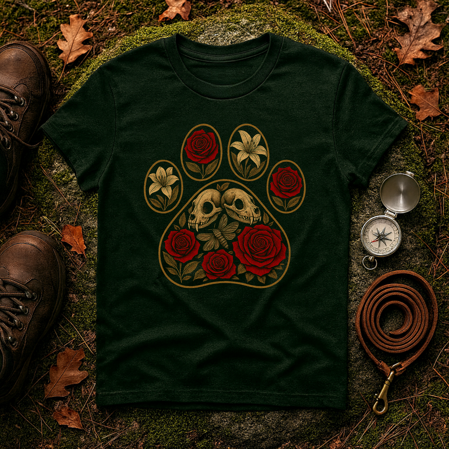 Gothic Paw Print T-Shirt | Skulls and Red Roses Dog Tee