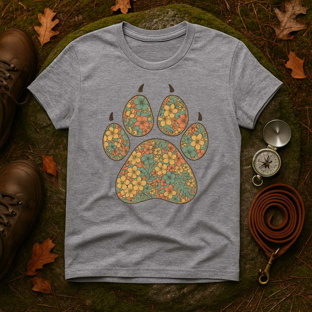Vintage Tropical Floral Paw Print T-Shirt