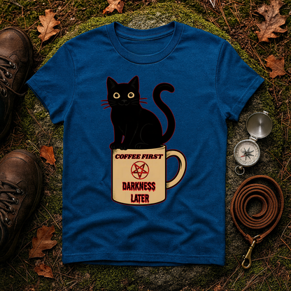 Coffee First, Darkness Later Cat T-Shirt, Unisex Tee for Cat Lovers, Perfect Gift for Halloween, Casual Wear, Comfortable Cotton Tee