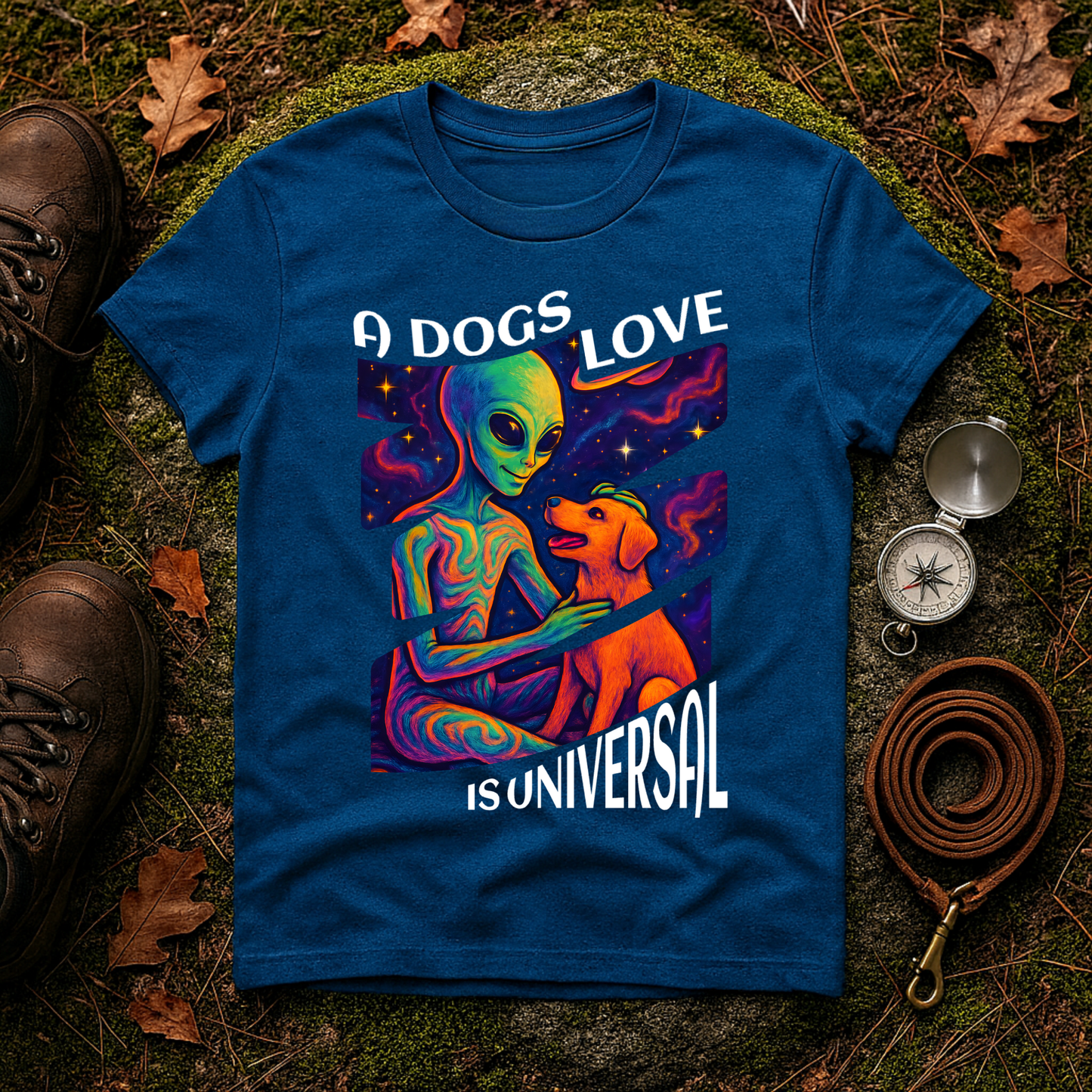 Universal Love Graphic Tee, Alien Dog Lover Shirt, Gift for Dog Owners, Unique Unisex T-Shirt, Fun Casual Wear, Cosmic Pets Apparel