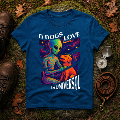 Universal Love Graphic Tee, Alien Dog Lover Shirt, Gift for Dog Owners, Unique Unisex T-Shirt, Fun Casual Wear, Cosmic Pets Apparel