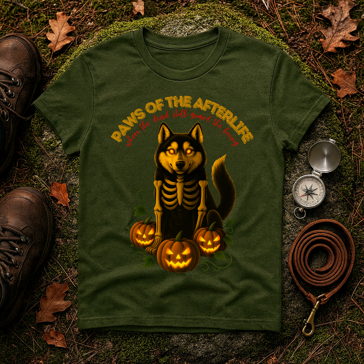 Paws of the Afterlife Husky Skeleton Halloween T-Shirt