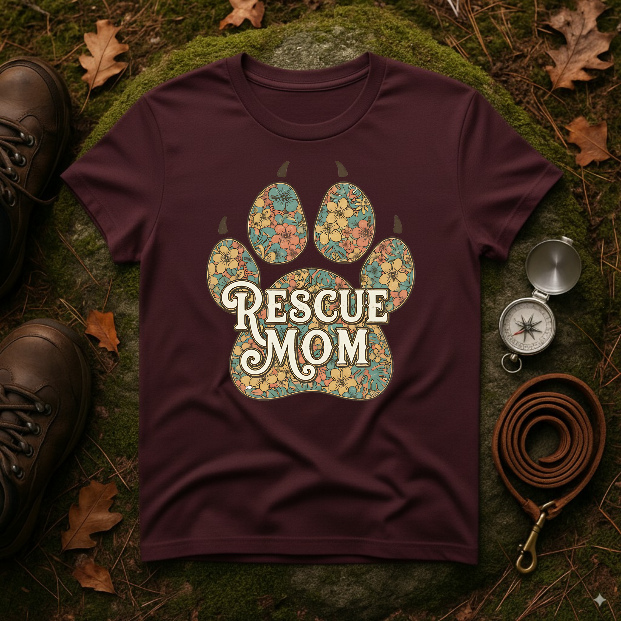 Rescue Mom Floral Paw T-Shirt