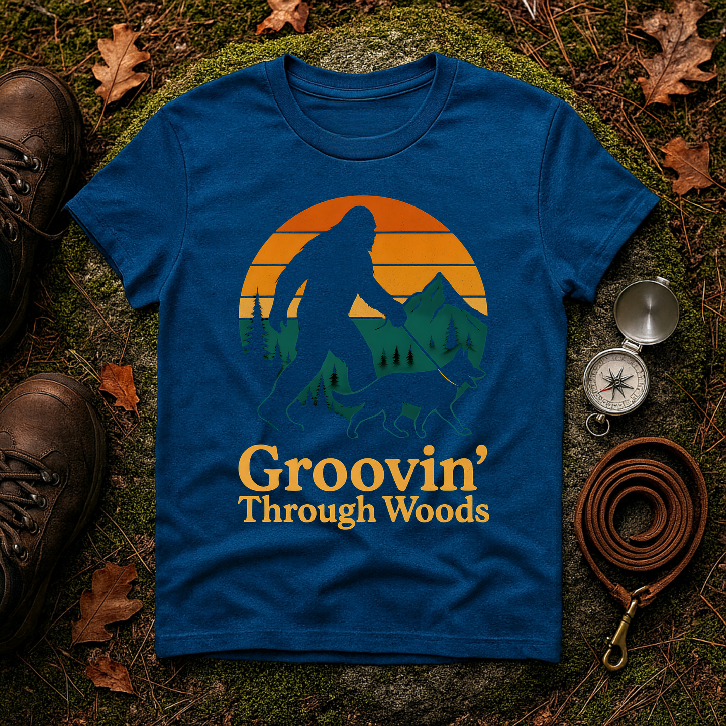 Bigfoot Walking Dog T-Shirt Funny Hiking Pet Lover Tee, Nature Lover Gift, Outdoor Enthusiast Apparel, Groovin' Through Woods Shirt