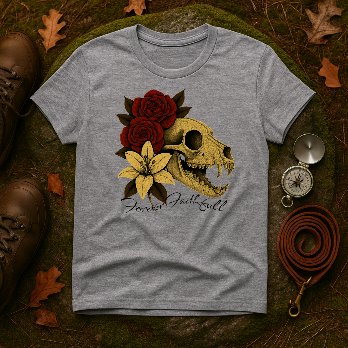 Forever Faithful Dog Skull Floral Gothic T-Shirt