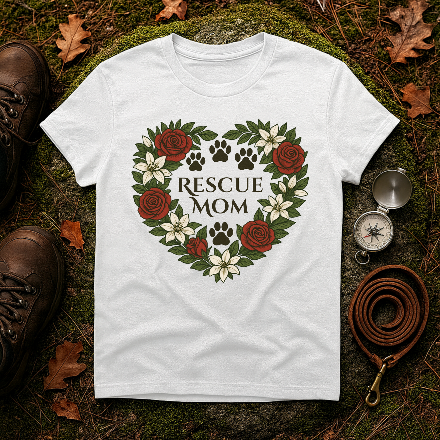 Rescue Mom Floral Paw Print Dog Lover T-Shirt