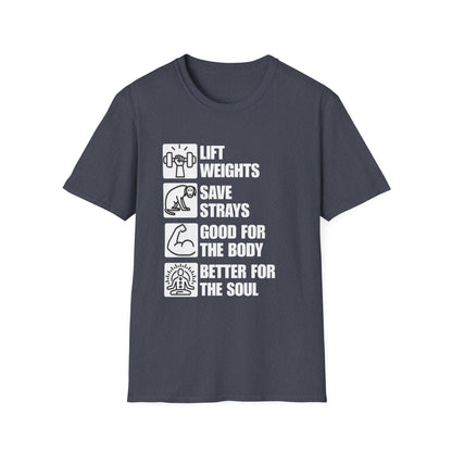 Lift Weights Save Strays T-Shirt | Fitness Dog Rescue Tee
