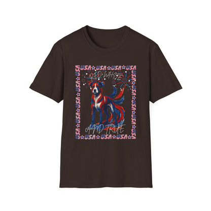 Patriotic Dog T-Shirt | Unisex Softstyle Tee | 4th of July | Casual Wear | Gift for Dog Lovers | Fun Summer Shirt