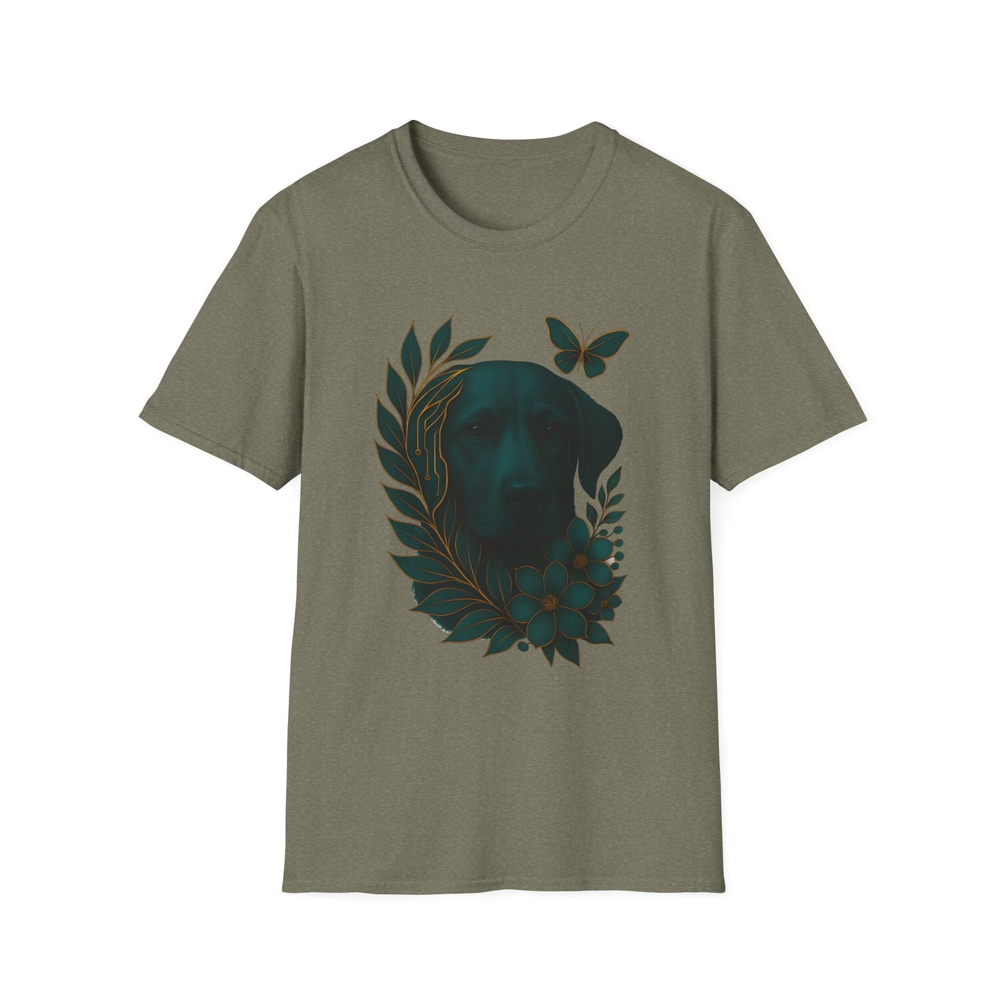 Cyber Floral Dog Silhouette T-Shirt - Unisex Softstyle Tee, Pet Lover Gift, Nature-Inspired Apparel, Casual Wear, Birthday Gift, Spring Fashion