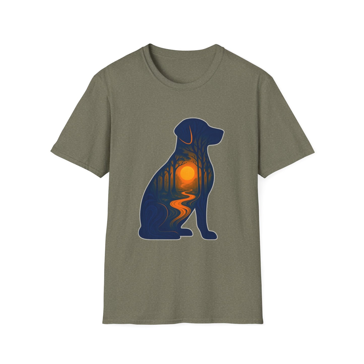 Sunset Dog Silhouette Nature Forest Adventure Unisex Softstyle T-Shirt | Perfect Gift for Pet Lovers, Nature Enthusiasts, Summer Wear, Gift for Dog Owners.