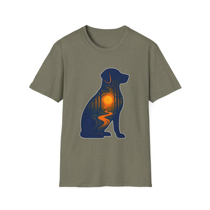 Sunset Dog Silhouette Nature Forest Adventure Unisex Softstyle T-Shirt | Perfect Gift for Pet Lovers, Nature Enthusiasts, Summer Wear, Gift for Dog Owners.