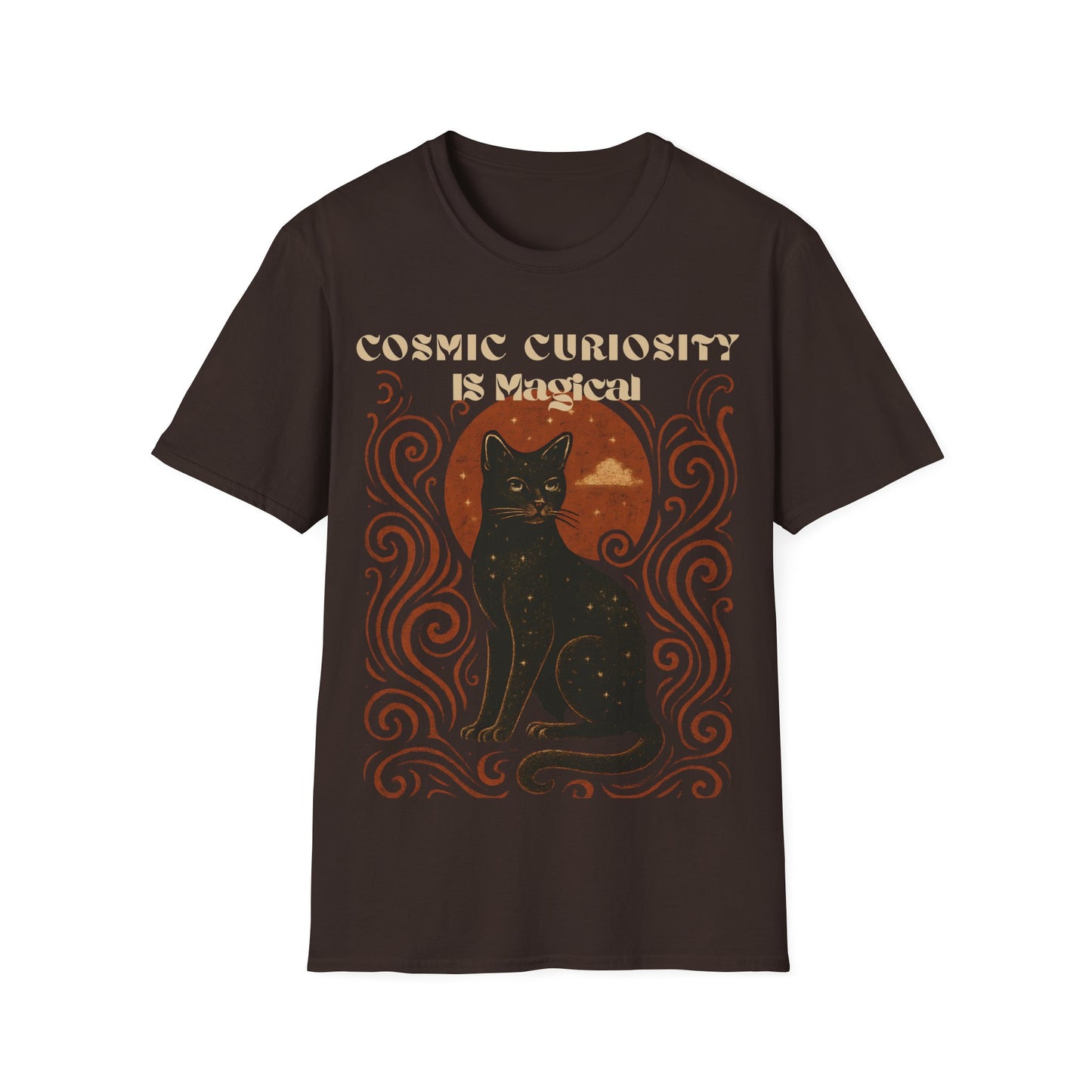 Cosmic Curiosity Black Cat T-Shirt, Magical Tee, Cat Lover Gift, Witchy Apparel, Autumn Outfit, Halloween Shirt