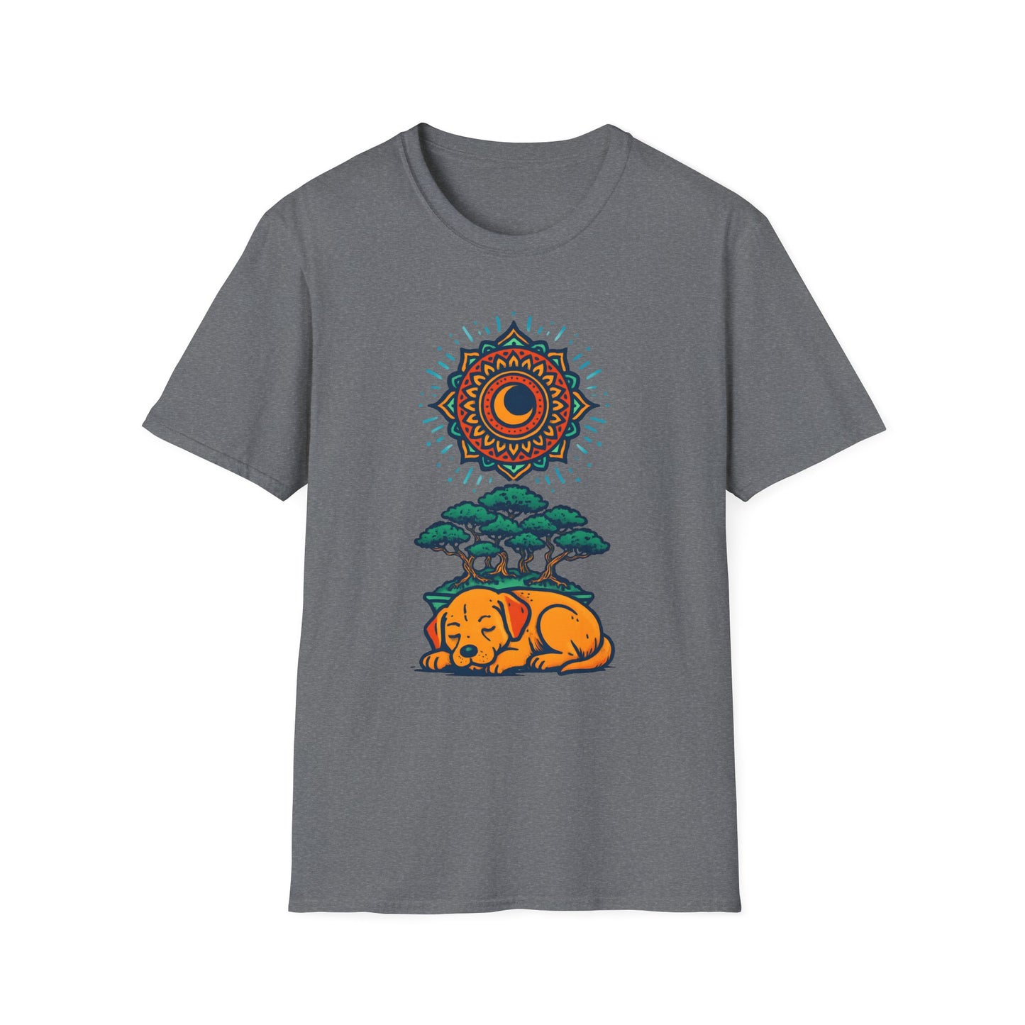 Zen Sleeping Dog T-Shirt with Bonsai and Mandala Art, Cozy Summer Shirt, Casual Wear, Gift for Dog Lovers, Unique Unisex T-Shirt