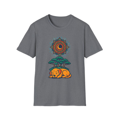 Zen Sleeping Dog T-Shirt with Bonsai and Mandala Art, Cozy Summer Shirt, Casual Wear, Gift for Dog Lovers, Unique Unisex T-Shirt