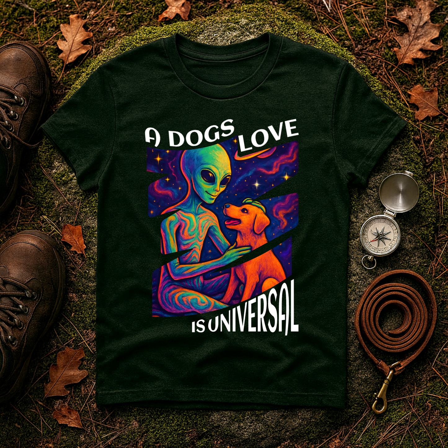 Universal Love Graphic Tee, Alien Dog Lover Shirt, Gift for Dog Owners, Unique Unisex T-Shirt, Fun Casual Wear, Cosmic Pets Apparel