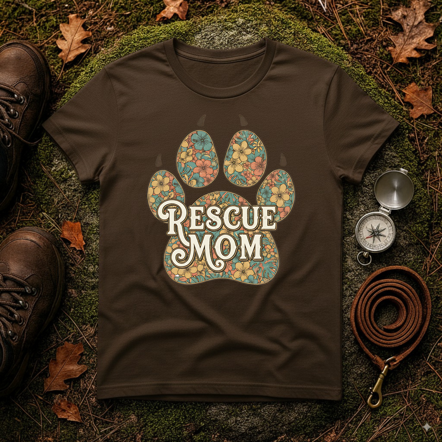 Rescue Mom T-Shirt | Floral Paw Print Dog Lover Tee