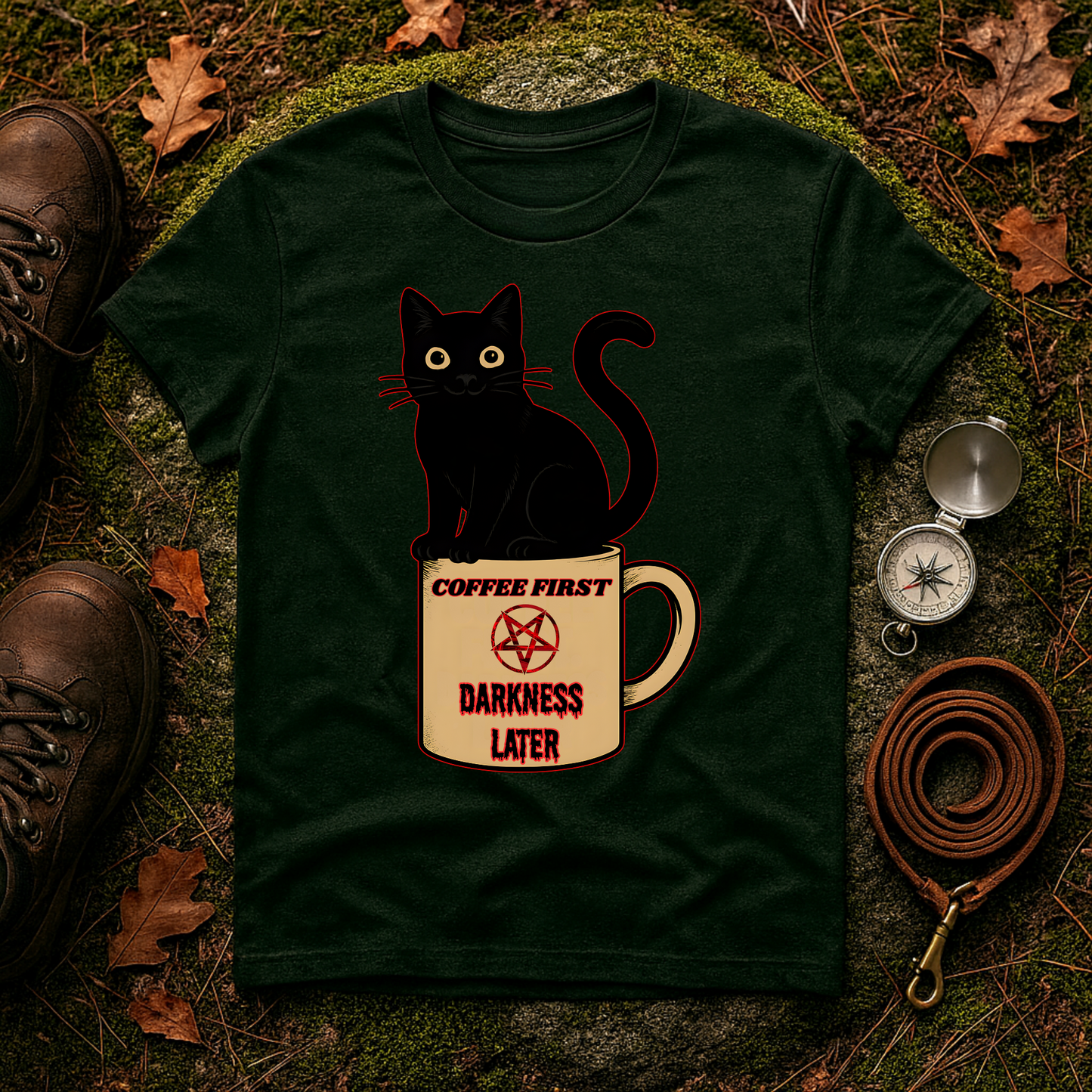 Coffee First, Darkness Later Cat T-Shirt, Unisex Tee for Cat Lovers, Perfect Gift for Halloween, Casual Wear, Comfortable Cotton Tee