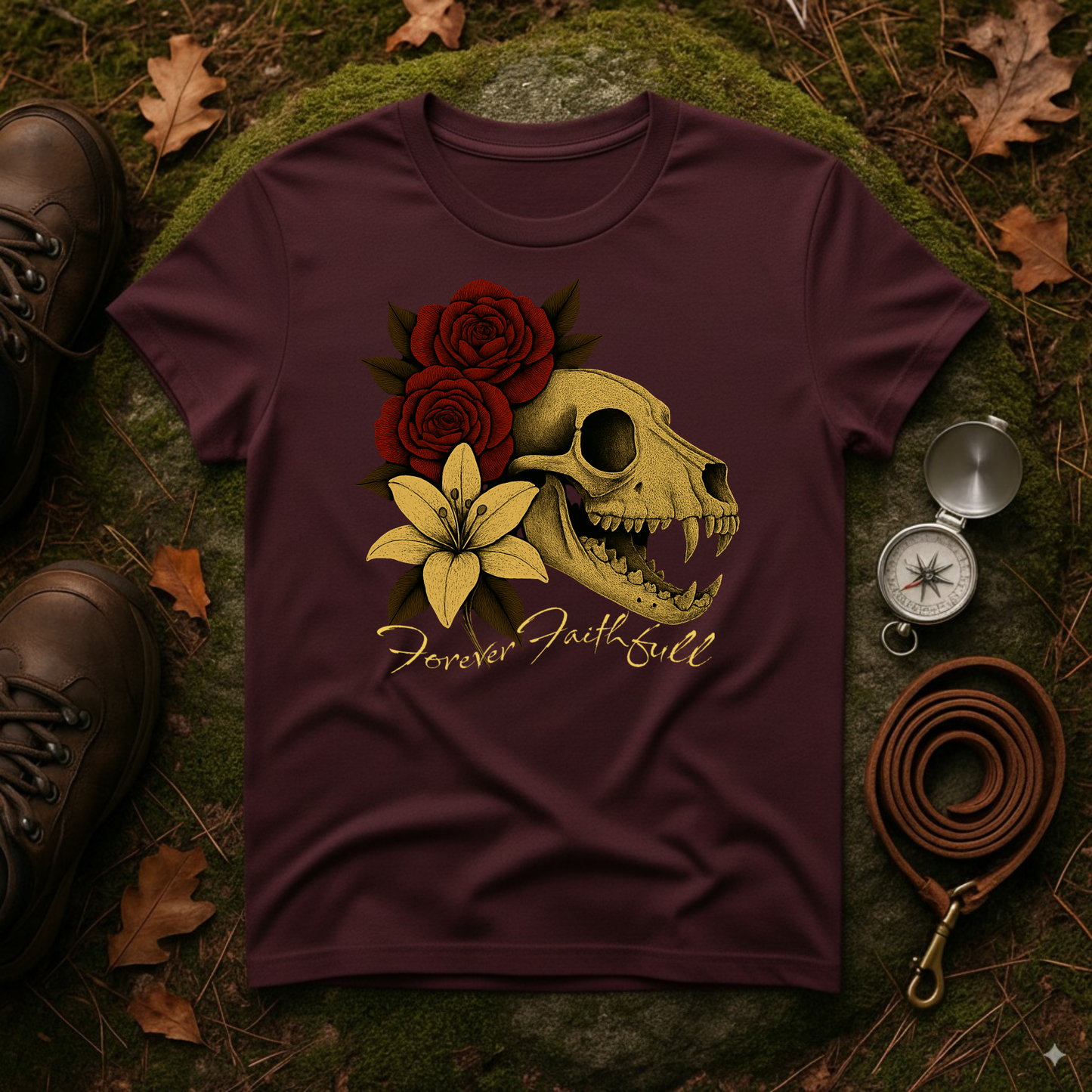 Forever Faithful Dog Skull Floral Gothic T-Shirt