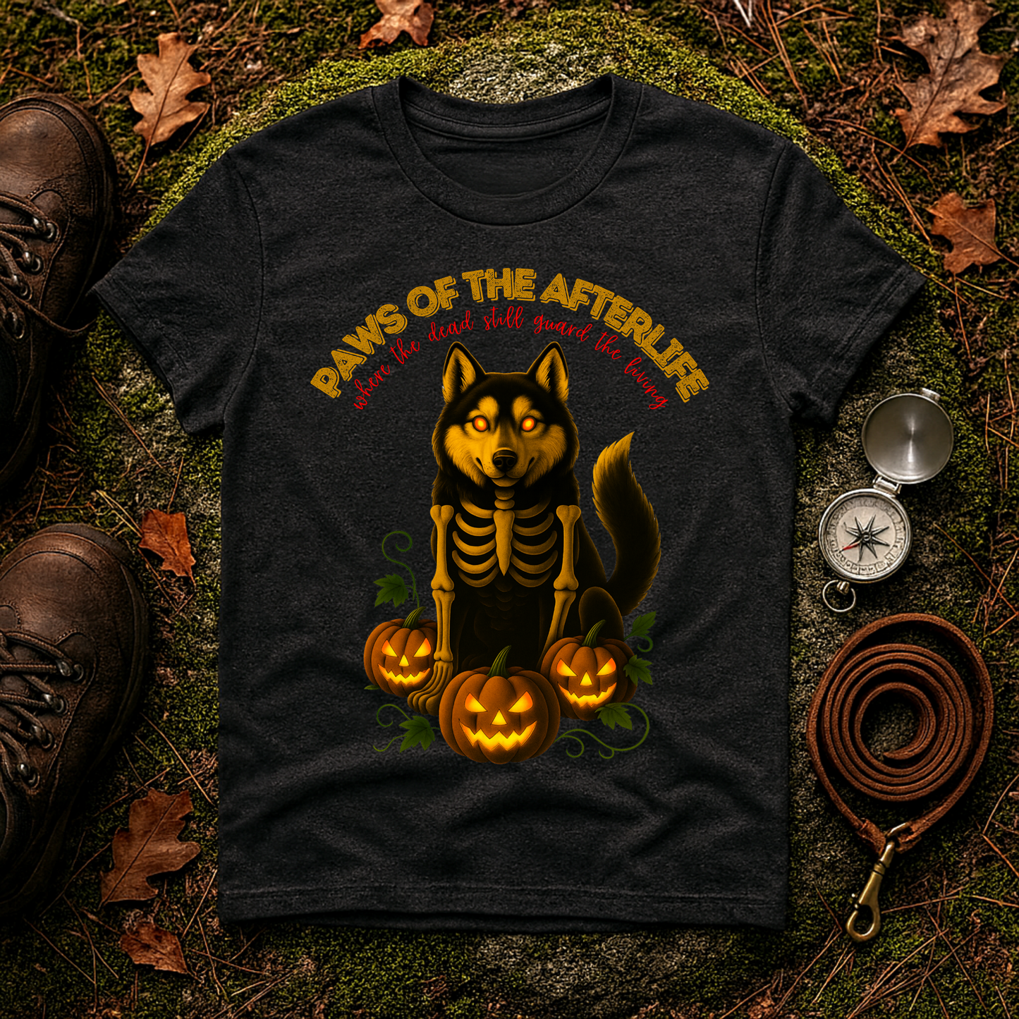 Paws of the Afterlife Husky Skeleton Halloween T-Shirt