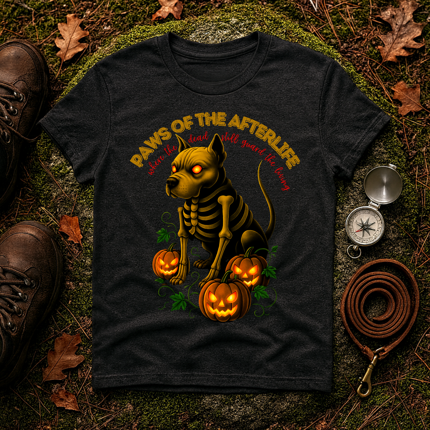 Paws of the Afterlife Pitbull Skeleton Halloween T-Shirt