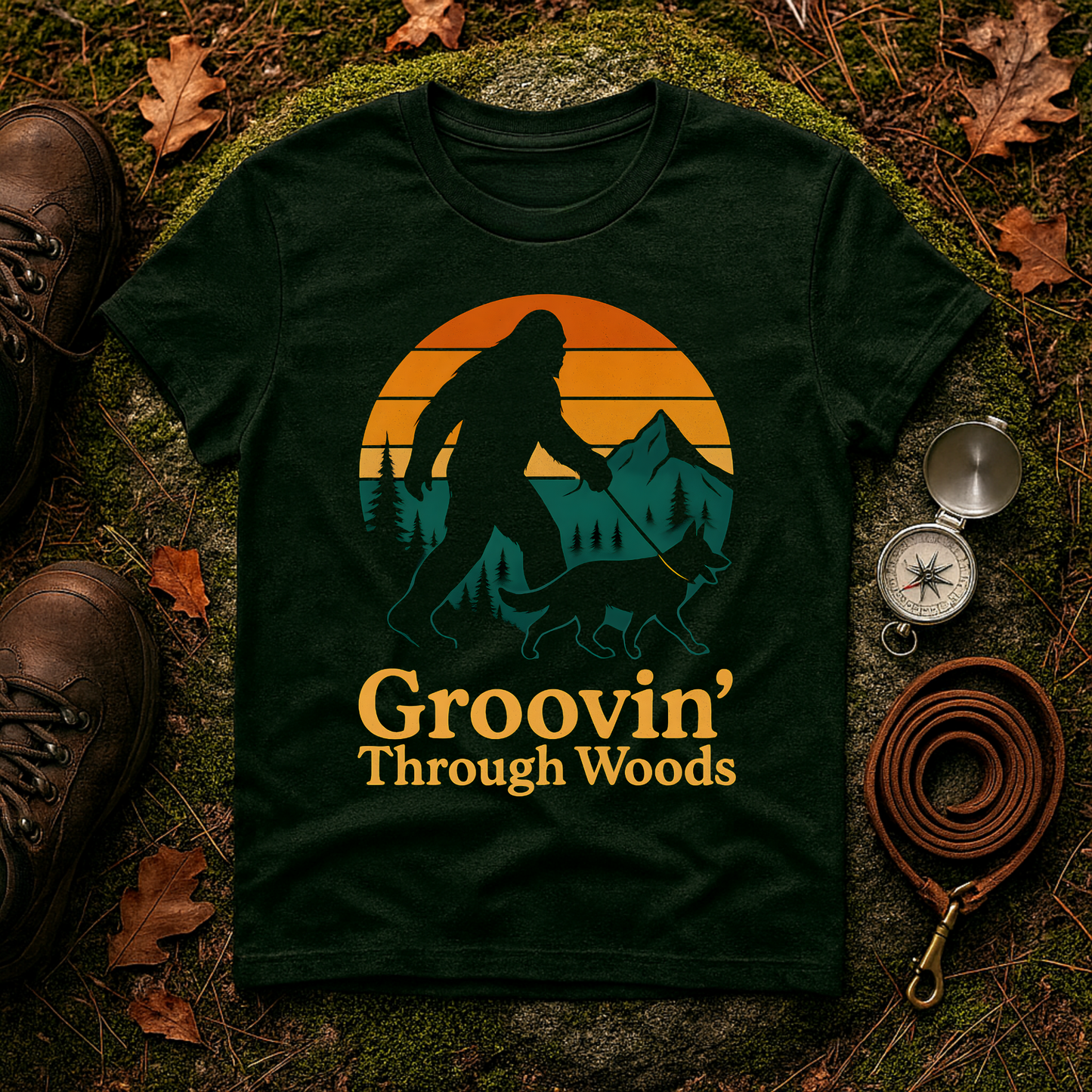 Bigfoot Walking Dog T-Shirt Funny Hiking Pet Lover Tee, Nature Lover Gift, Outdoor Enthusiast Apparel, Groovin' Through Woods Shirt