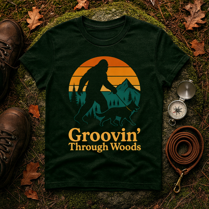 Bigfoot Walking Dog T-Shirt Funny Hiking Pet Lover Tee, Nature Lover Gift, Outdoor Enthusiast Apparel, Groovin' Through Woods Shirt