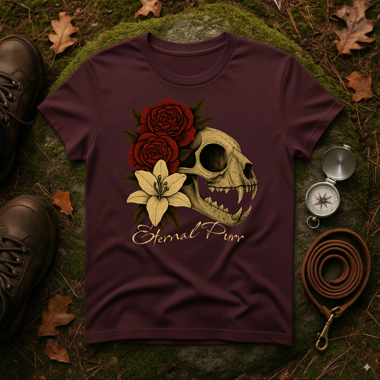 Eternal Purr Cat Skull Gothic Floral T-Shirt