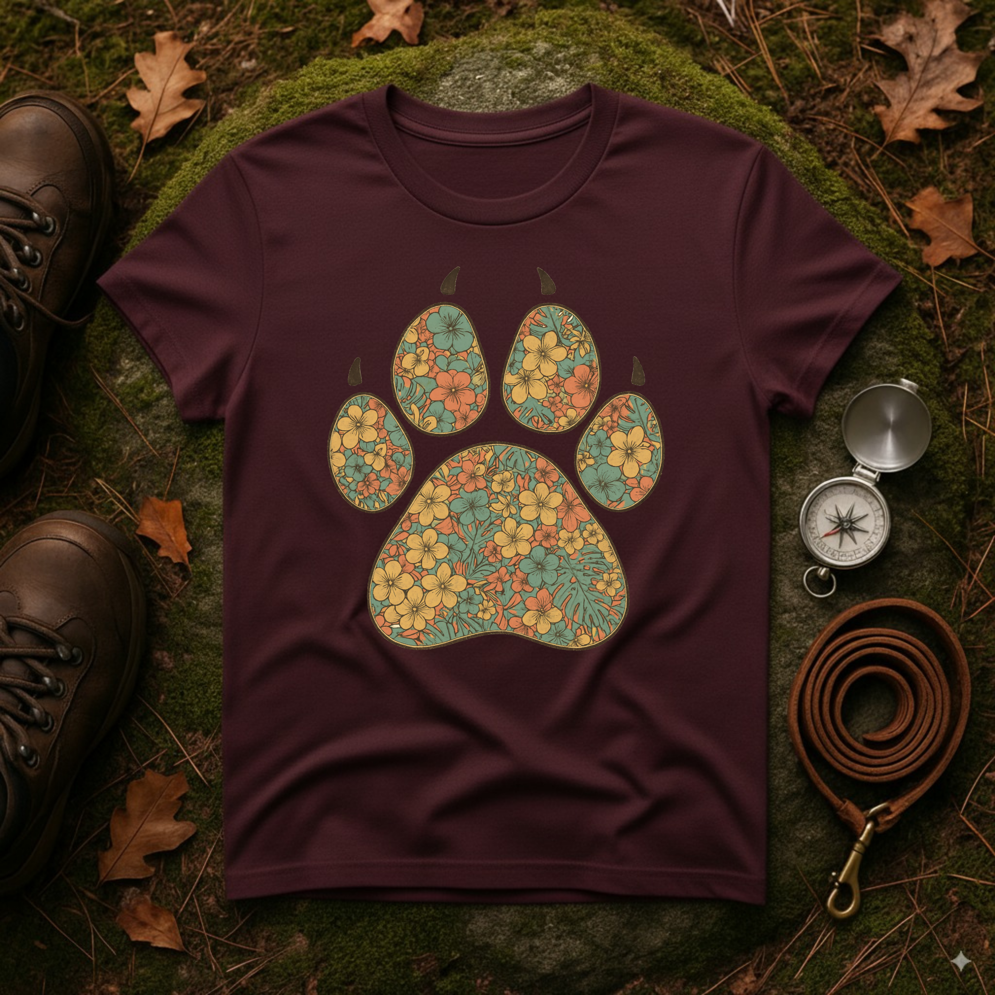 Vintage Tropical Floral Paw Print T-Shirt