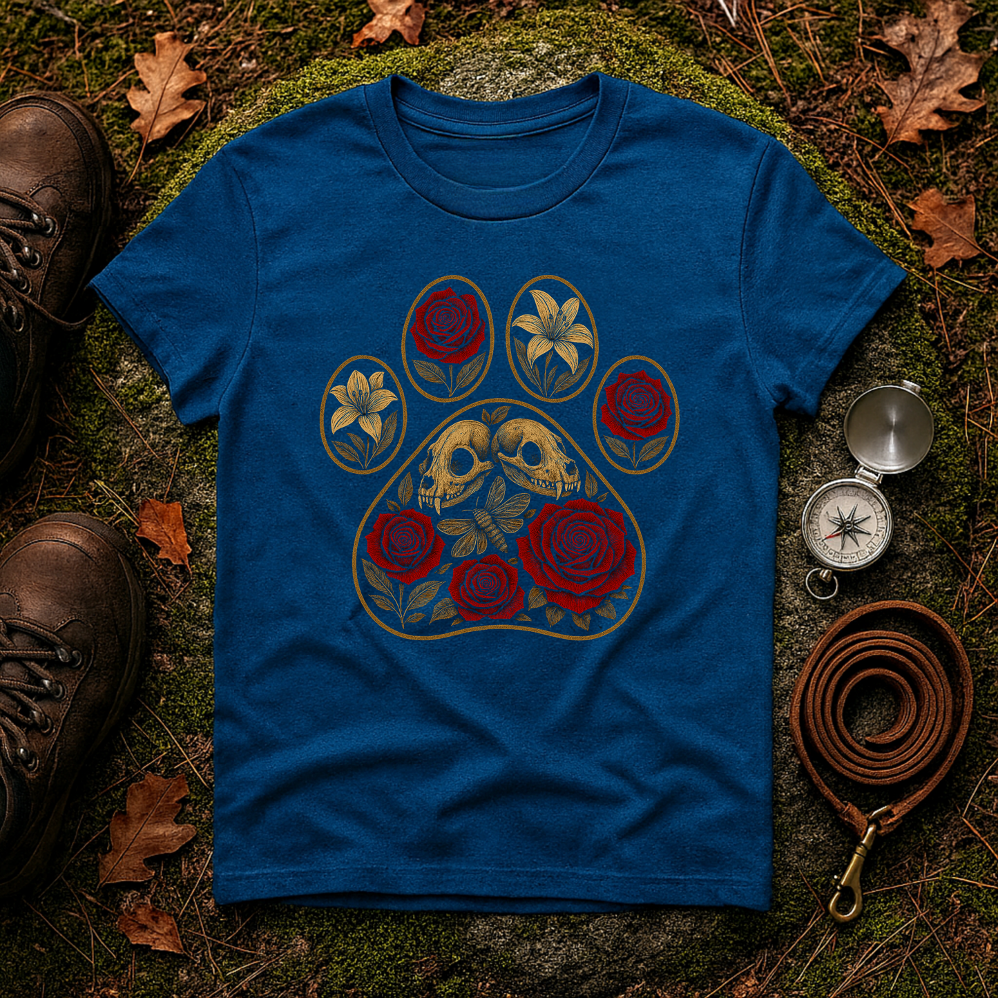 Gothic Paw Print T-Shirt | Skulls and Red Roses Dog Tee