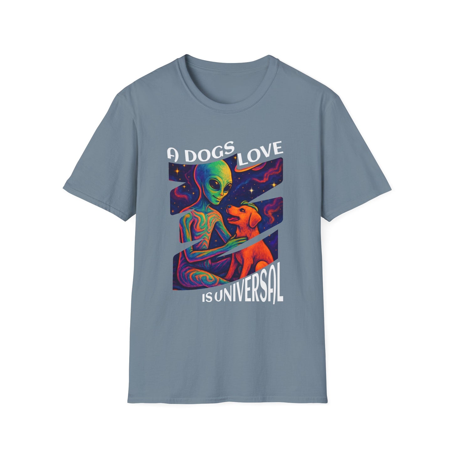 Universal Love Graphic Tee, Alien Dog Lover Shirt, Gift for Dog Owners, Unique Unisex T-Shirt, Fun Casual Wear, Cosmic Pets Apparel