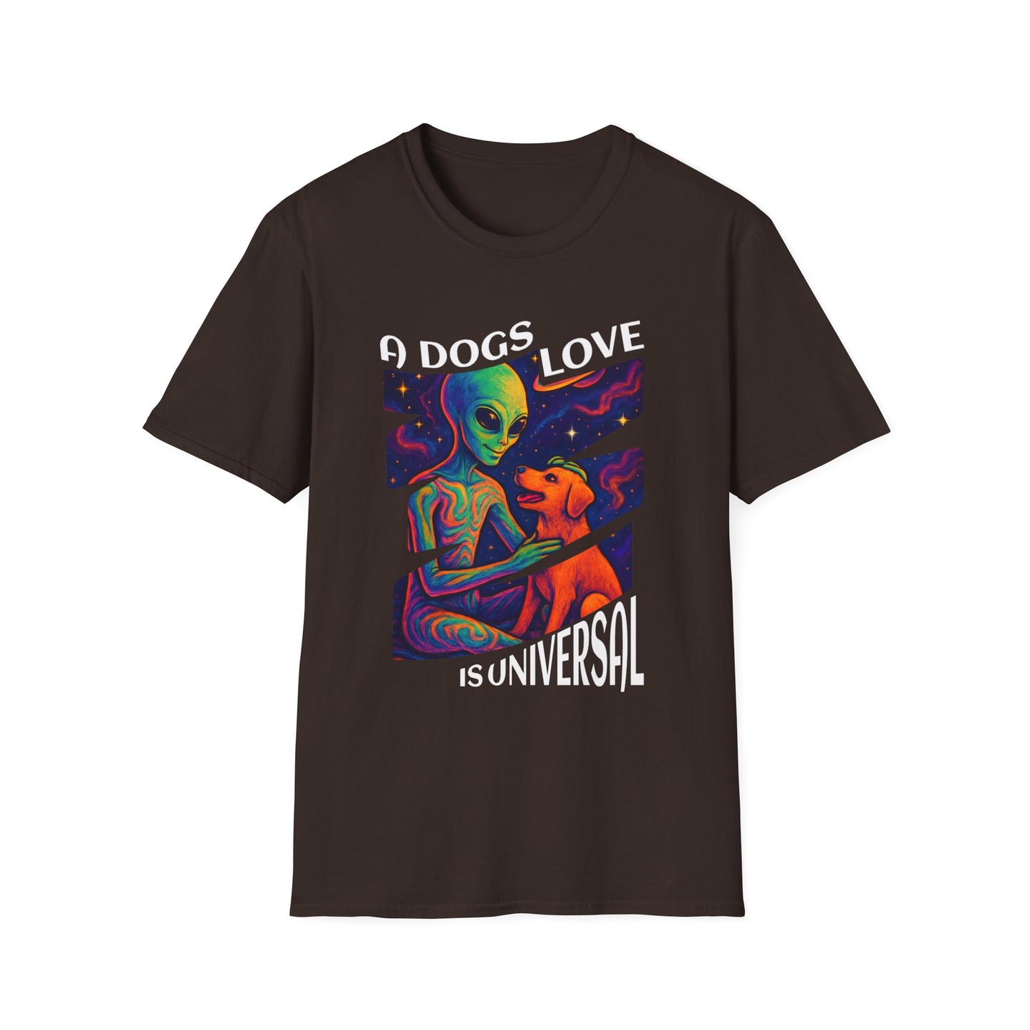 Universal Love Graphic Tee, Alien Dog Lover Shirt, Gift for Dog Owners, Unique Unisex T-Shirt, Fun Casual Wear, Cosmic Pets Apparel