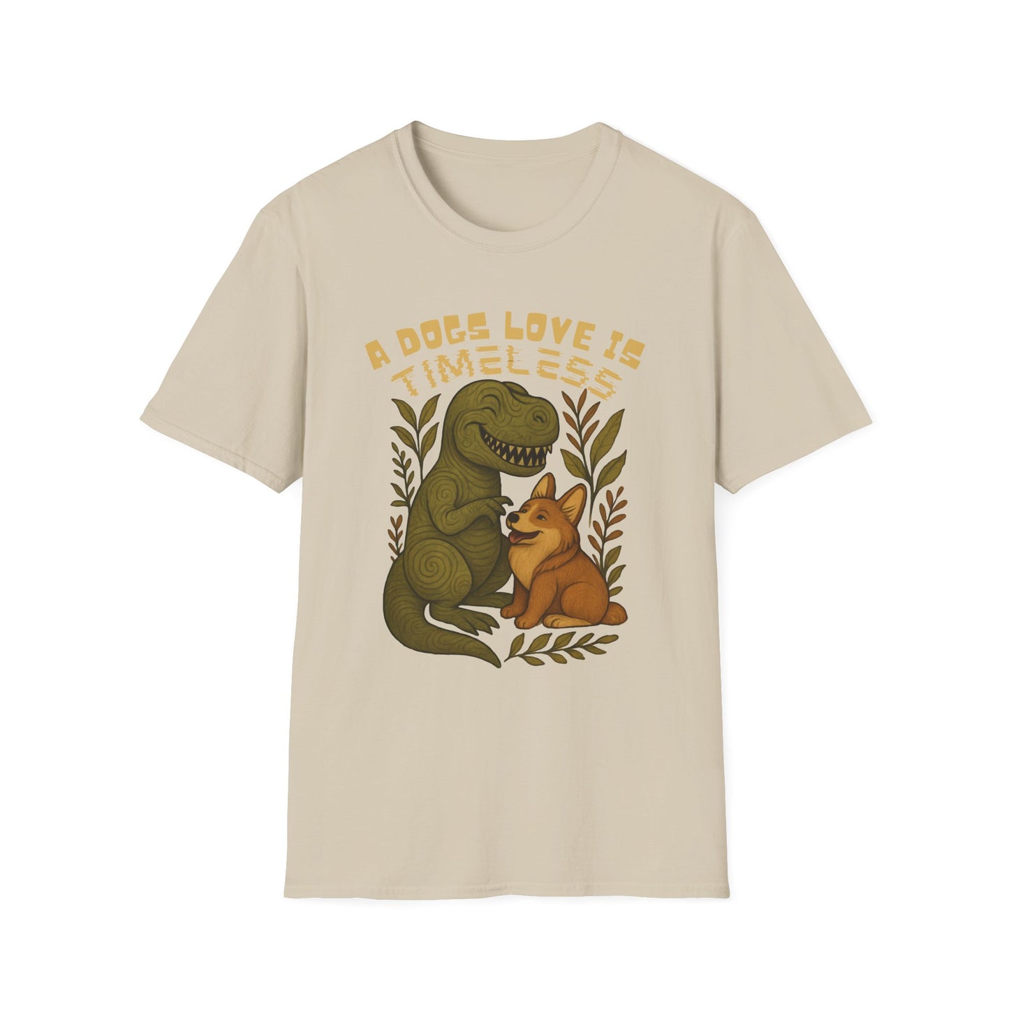 Timeless Love T-Shirt, Cute Dino and Dog Design, Pet Lover Gift, Unisex Apparel, Animal Lover Shirt, Casual Wear, Gift for Dog Owners