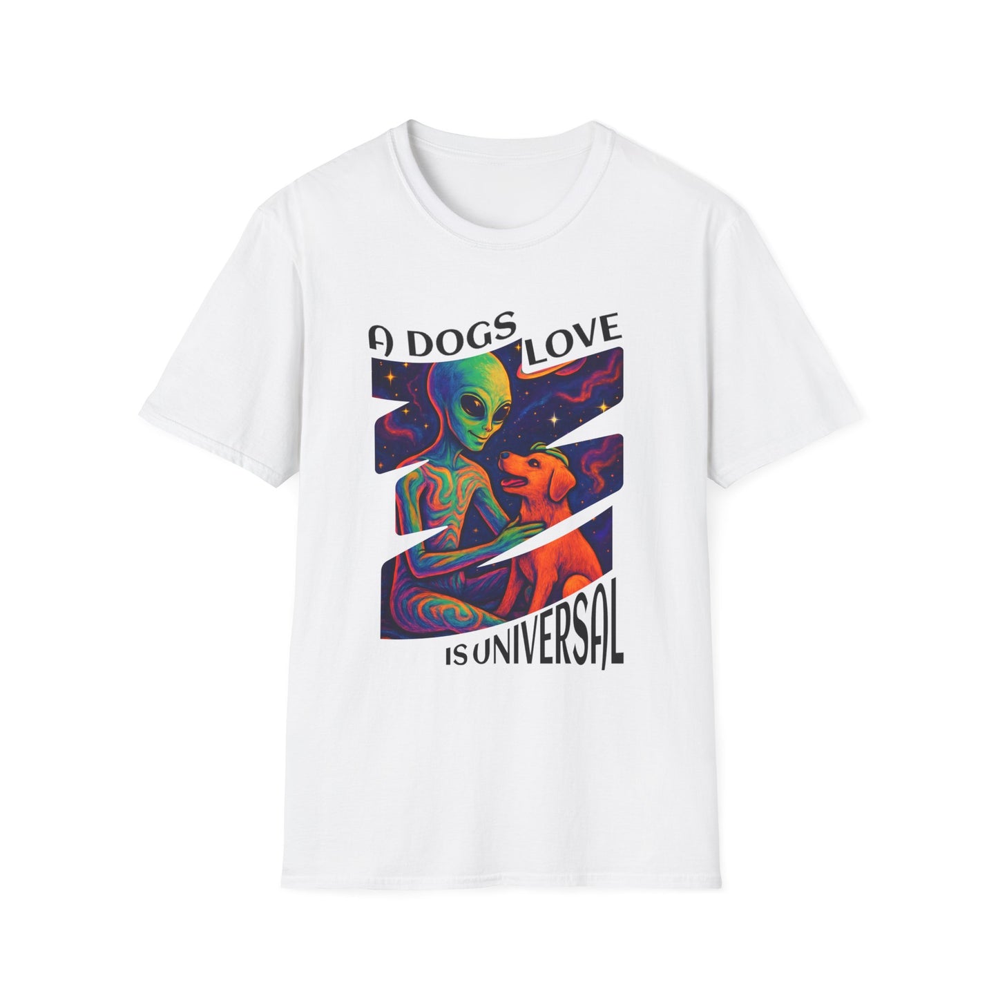 Universal Love Graphic Tee, Alien Dog Lover Shirt, Gift for Dog Owners, Unique Unisex T-Shirt, Fun Casual Wear, Cosmic Pets Apparel