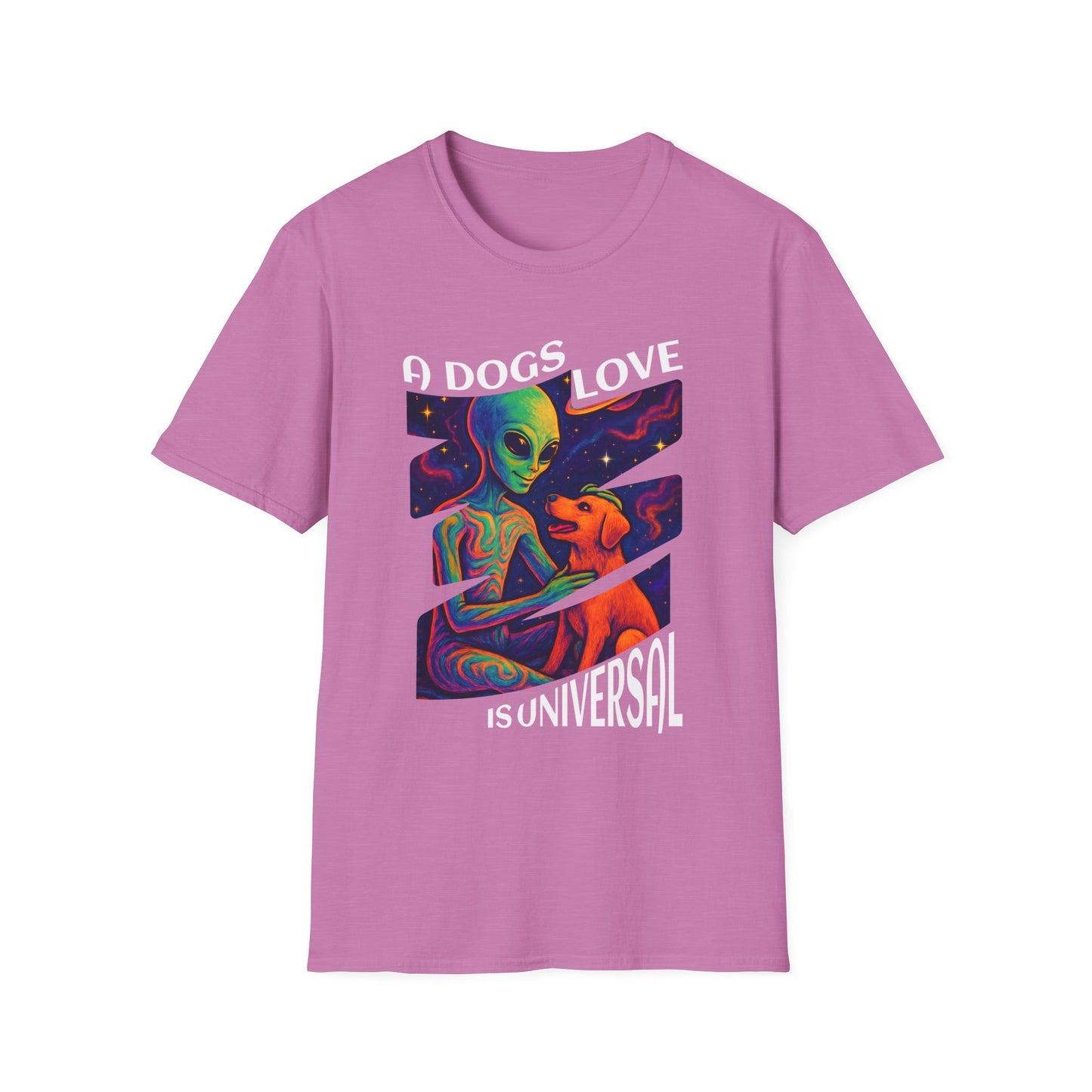 Universal Love Graphic Tee, Alien Dog Lover Shirt, Gift for Dog Owners, Unique Unisex T-Shirt, Fun Casual Wear, Cosmic Pets Apparel