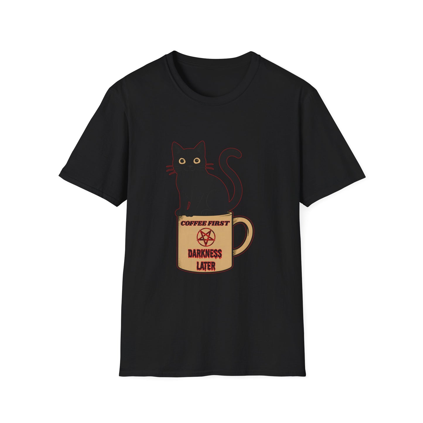 Coffee First, Darkness Later Cat T-Shirt, Unisex Tee for Cat Lovers, Perfect Gift for Halloween, Casual Wear, Comfortable Cotton Tee
