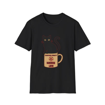 Coffee First, Darkness Later Cat T-Shirt, Unisex Tee for Cat Lovers, Perfect Gift for Halloween, Casual Wear, Comfortable Cotton Tee