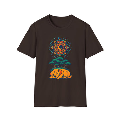Zen Sleeping Dog T-Shirt with Bonsai and Mandala Art, Cozy Summer Shirt, Casual Wear, Gift for Dog Lovers, Unique Unisex T-Shirt