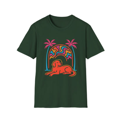 Psychedelic Dog Palm Trees Tee - Retro Sunset