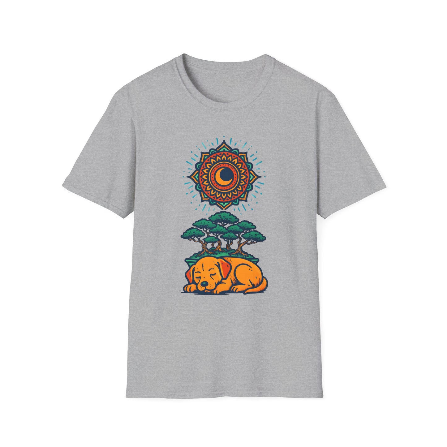 Zen Sleeping Dog T-Shirt with Bonsai and Mandala Art, Cozy Summer Shirt, Casual Wear, Gift for Dog Lovers, Unique Unisex T-Shirt