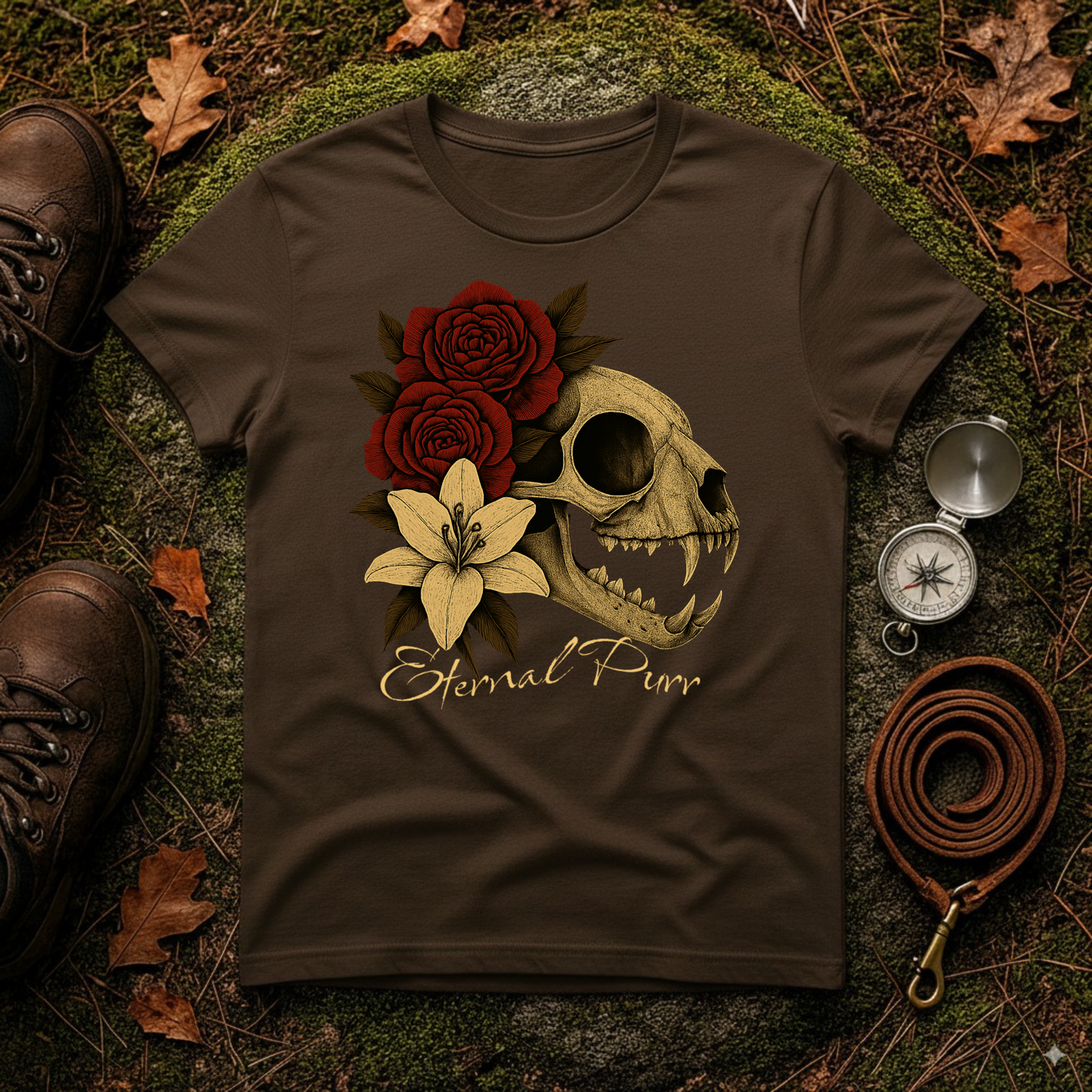 Eternal Purr Cat Skull Gothic Floral T-Shirt