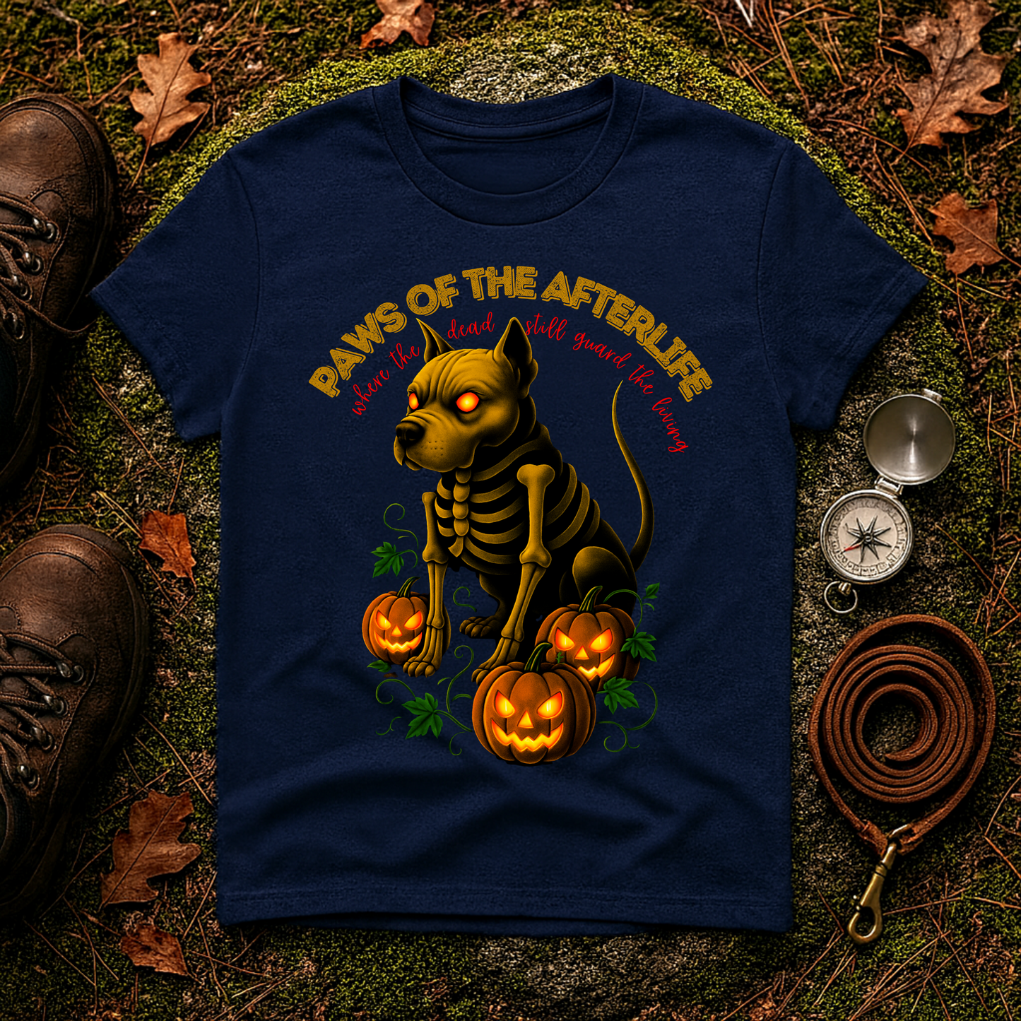 Paws of the Afterlife Pitbull Skeleton Halloween T-Shirt