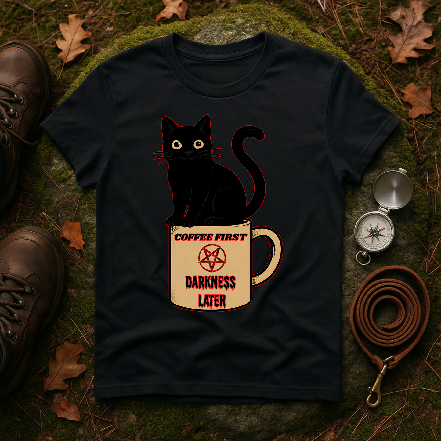 Coffee First, Darkness Later Cat T-Shirt, Unisex Tee for Cat Lovers, Perfect Gift for Halloween, Casual Wear, Comfortable Cotton Tee