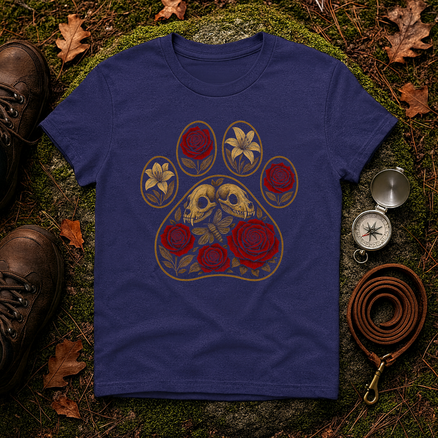 Gothic Paw Print T-Shirt | Skulls and Red Roses Dog Tee