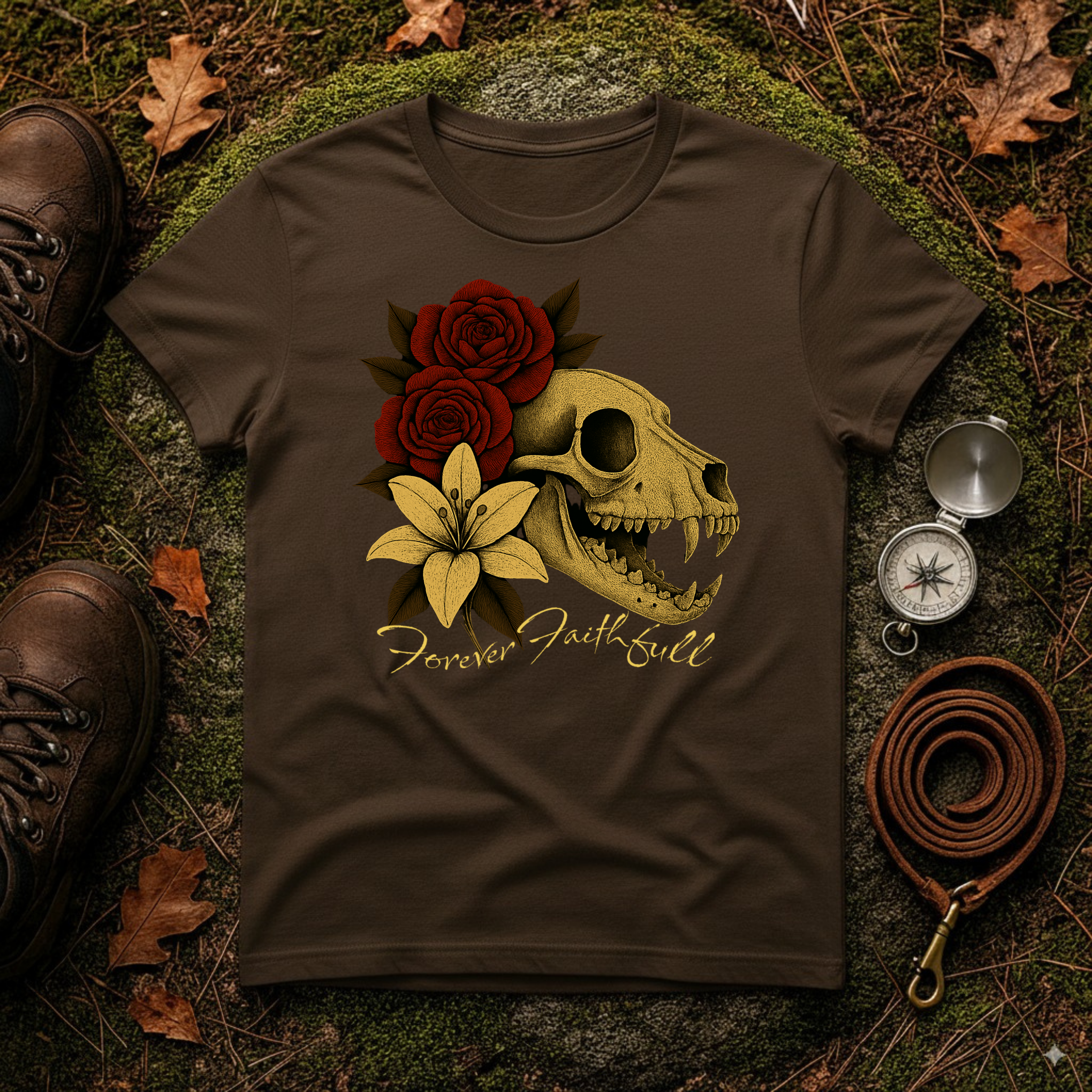 Forever Faithful Dog Skull Floral Gothic T-Shirt