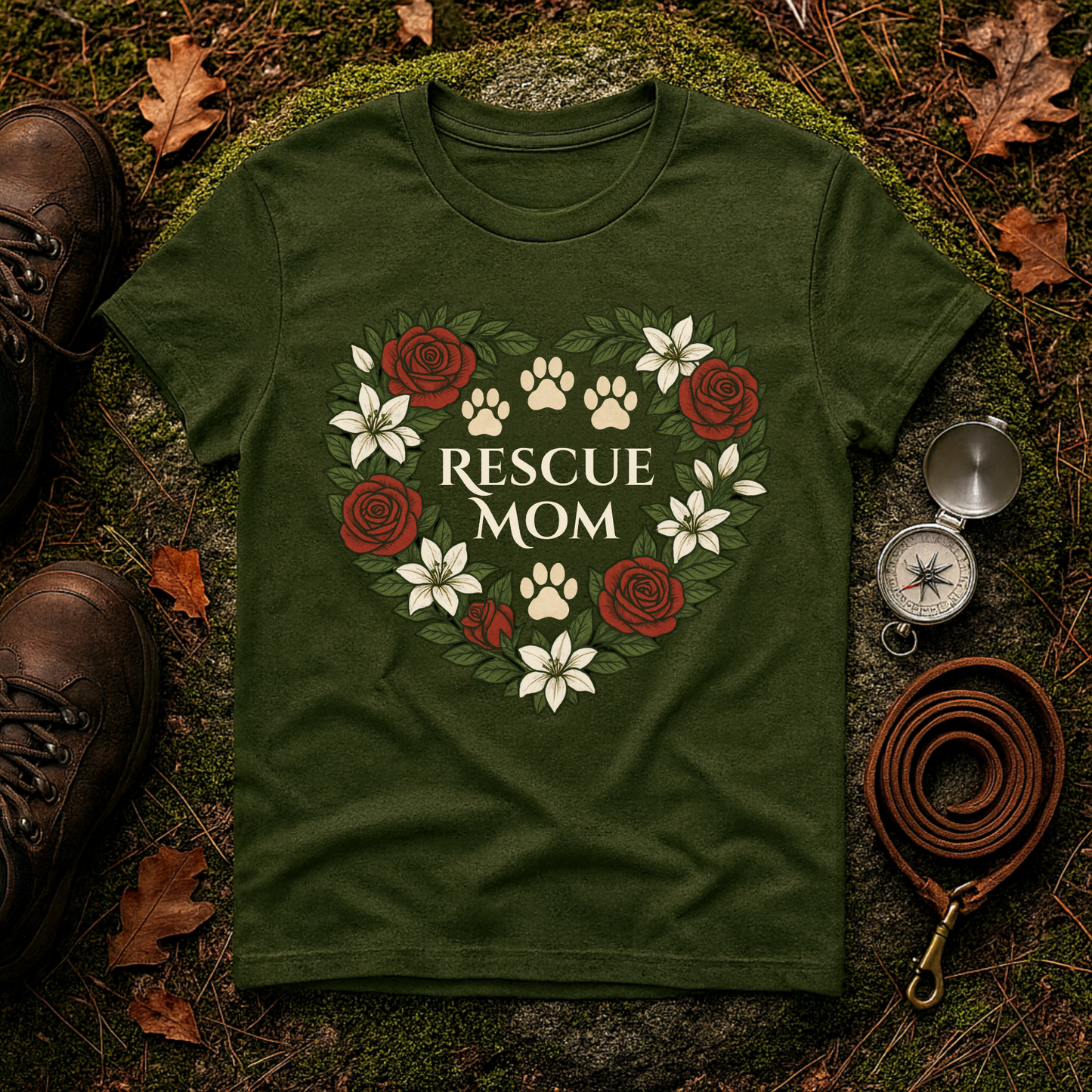 Rescue Mom Floral Paw Print Dog Lover T-Shirt