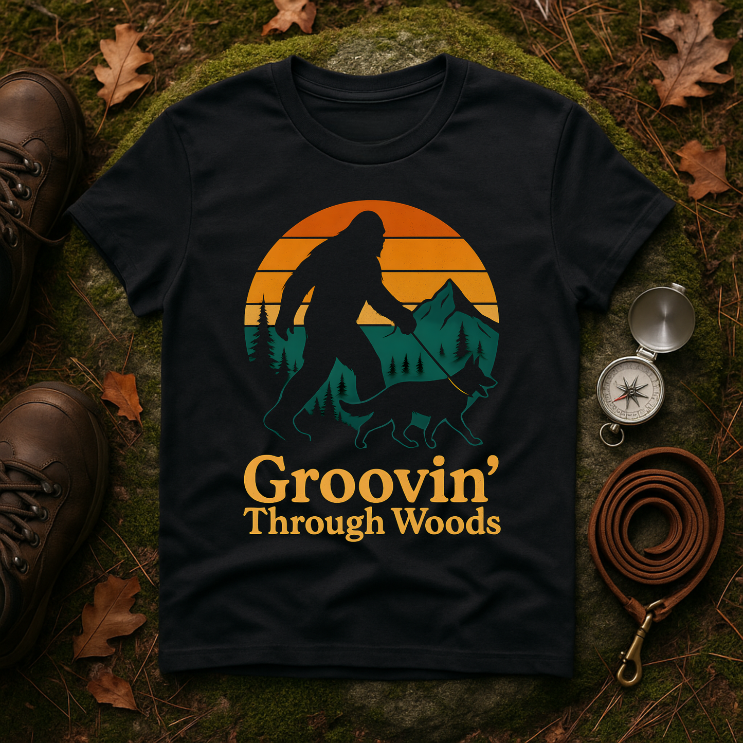 Bigfoot Walking Dog T-Shirt Funny Hiking Pet Lover Tee, Nature Lover Gift, Outdoor Enthusiast Apparel, Groovin' Through Woods Shirt
