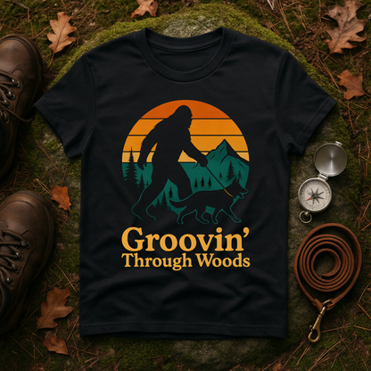Bigfoot Walking Dog T-Shirt Funny Hiking Pet Lover Tee, Nature Lover Gift, Outdoor Enthusiast Apparel, Groovin' Through Woods Shirt