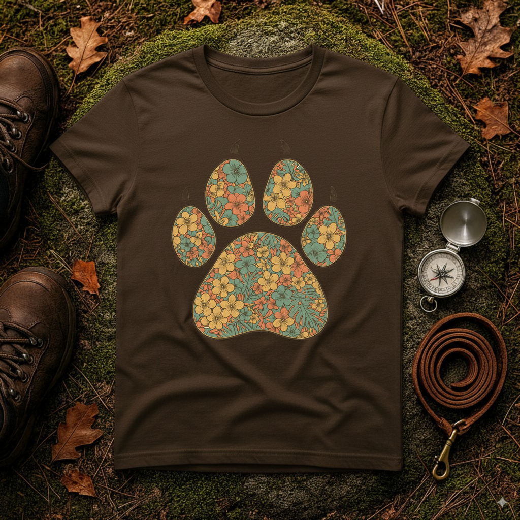 Vintage Tropical Floral Paw Print T-Shirt